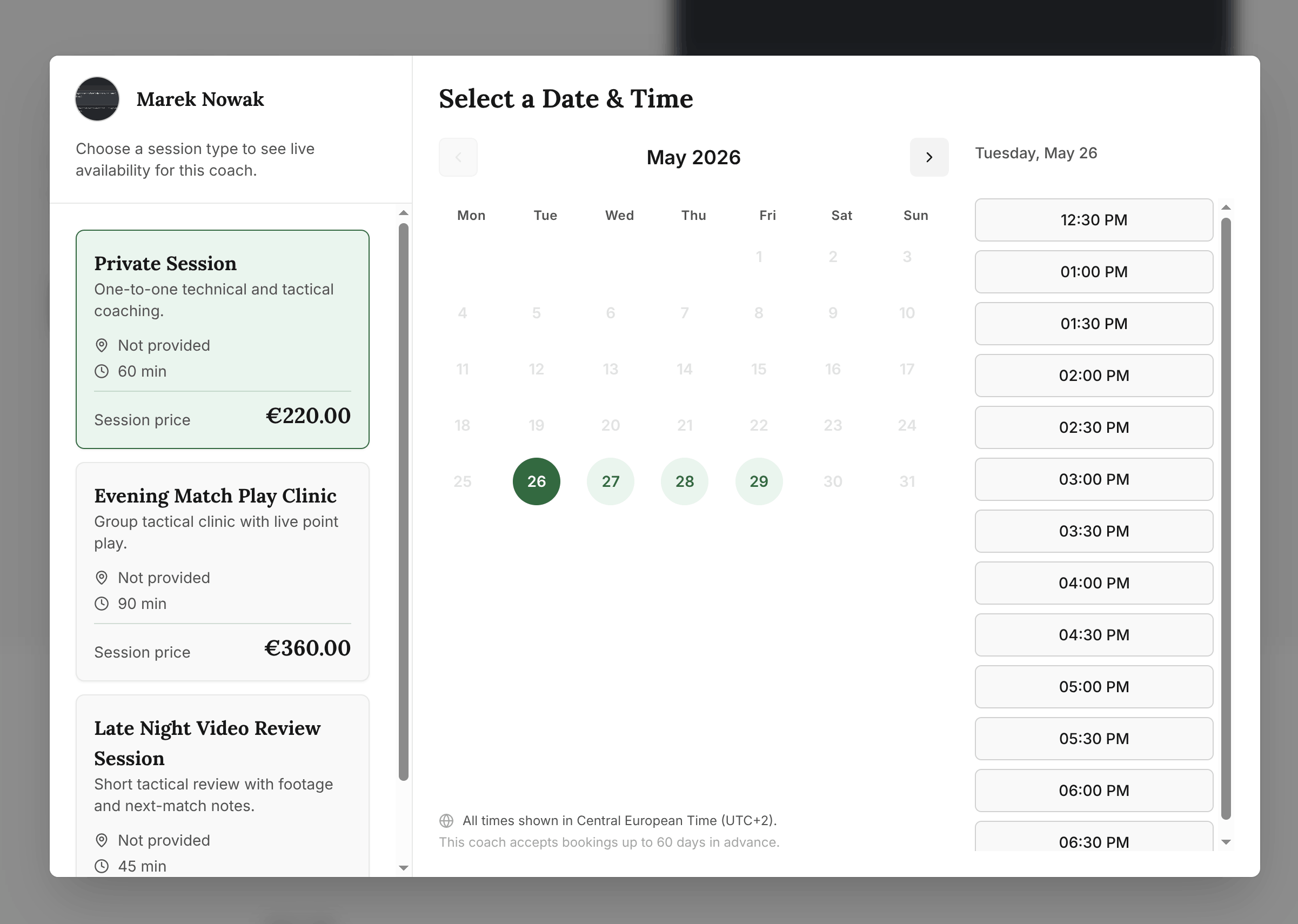 Booking page screenshot