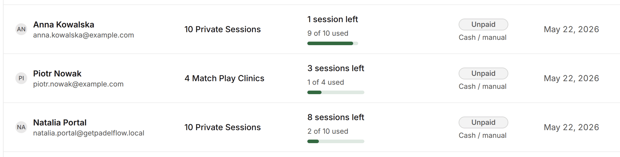 Packages and payments screenshot